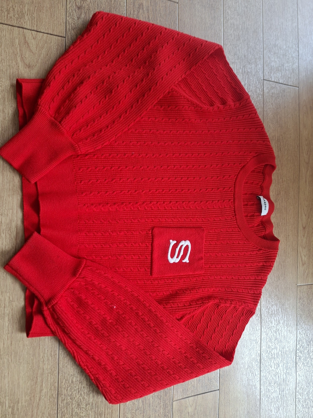 Sandro Red Cropped Cable-Knit Crewneck Sweater with Embroidered Pocket